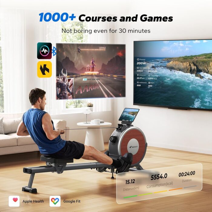 Merach Rowing Machines for Home Use,Quiet Magnetic Rower Machine 16 Levels of Resistance,Dual Slide Rail with Max 160kg Weight Capacity, App Compatible with LCD Monitor - Image 4