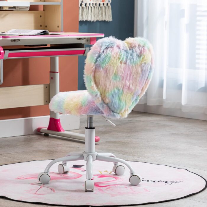 DM Furniture Cute Fuzzy Kids Chair Comfy Study Desk Chair Furry Studing Computer Task Chair Faux Fur Swivel Vanity Chair for Girls Bedroom, Multi-Color - Image 6