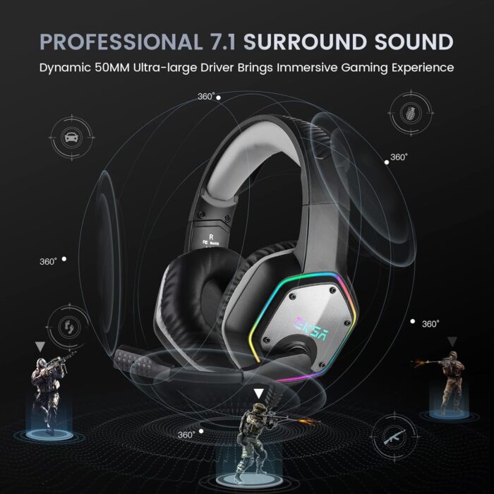 EKSA USB Gaming Headset for PC - Computer Headphones with 7.1 Surround Sound Stereo Noise Canceling Mic/Microphone RGB Light - Gaming Headphones for PS4/PS5 Console Laptop, Wired - Image 6