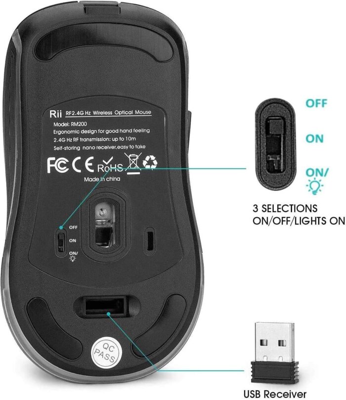 Rii RM200 Wireless Mouse, 5 Buttons Rechargeable Mouse, with Colorful LED Lights Game Computer Mice-Black - Image 3