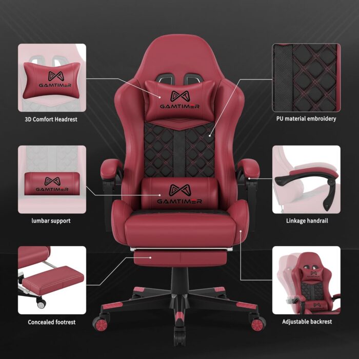 Gamtimer Gaming Chair, Ergonomic Computer Chair with Footrest and Lumbar Support, Breathable PU Leather, Large Gaming Chair, Height-Adjustable 360 Degree Swivel Chair (Pink) - Image 4