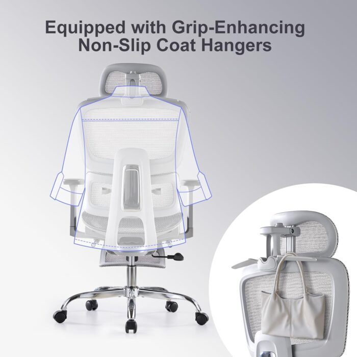 LarkLeaves Ergonomic Chair with Footrest, Office Chair with 3D Headrest, Desk Chair with Adjustable Backrest & 3D Armrest, Gaming Chair with Adaptive Lumbar Support, Mesh Backrest & Cushion, Grey - Image 7
