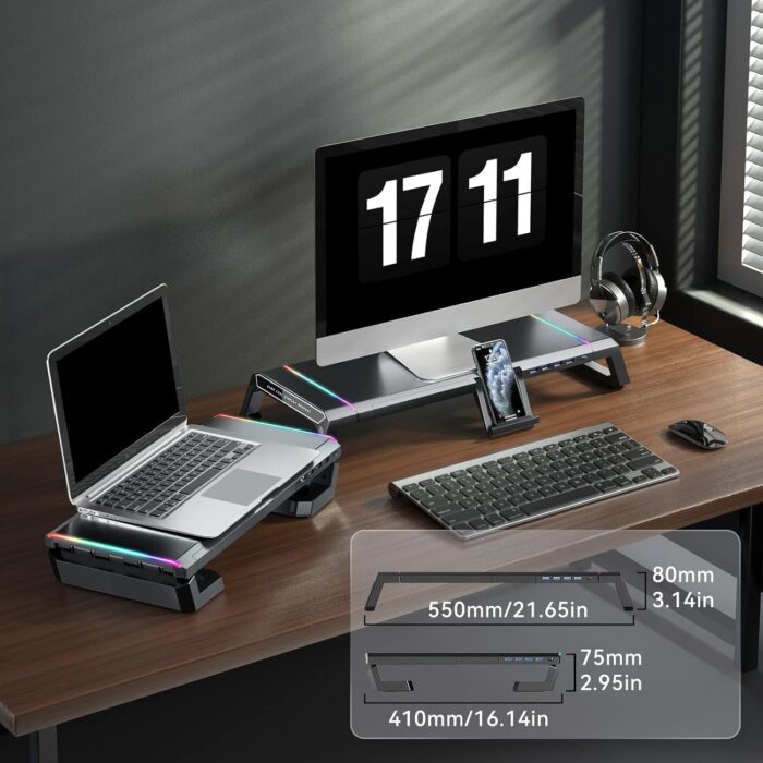 NALACAL RGB Gaming Computer Monitor Stand Riser - 4 USB 3.0 Hub, 3 Length Adjustable, Laptop Desk Shelf with Storage Drawer and Tablet Phone Holder, Desk Organizers for Desktop, Printer (Black) - Image 7