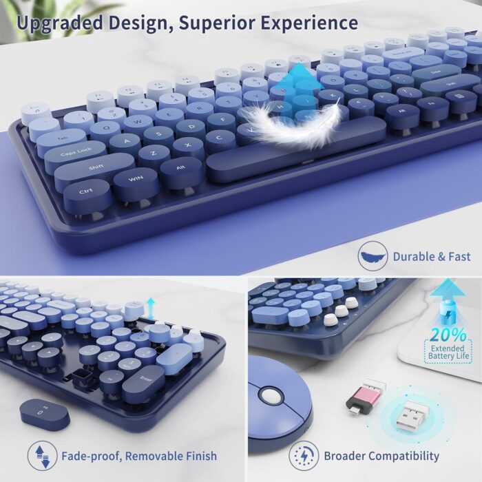 Nowlike Wireless Keyboard and Mouse Set, Full-Size Typewriter Keyboard with Retro Round Keycaps, Ergonomic Design, Compatible with Windows PCs, Ideal for Home and Office. (Blue) - Image 4