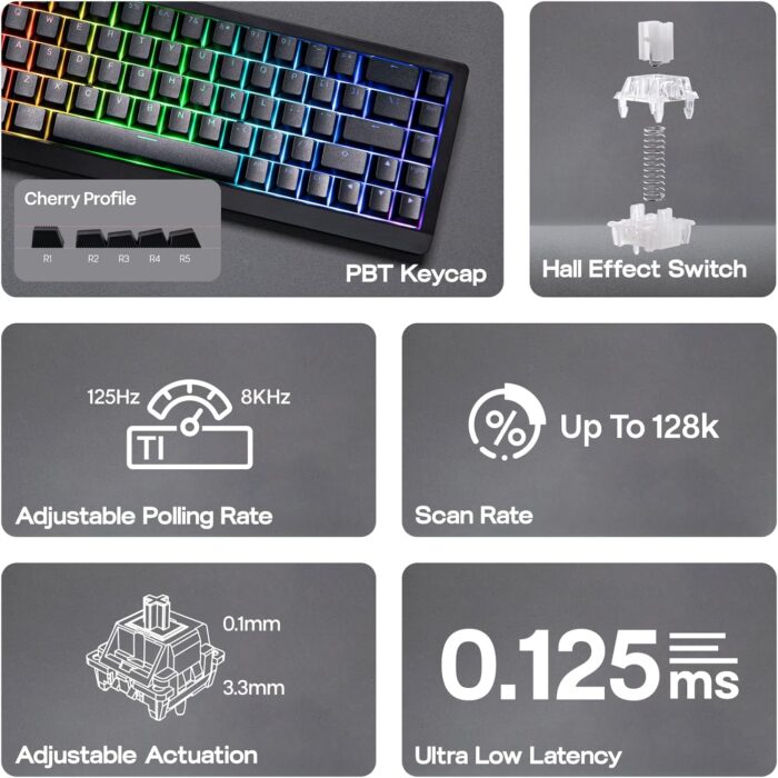 EPOMAKER HE68 Lite Hall Effect Gaming Keyboard, 8k Polling & 128K Scan Rate, 0.005mm Adjustable Trigger, 0.125ms Latency, 5-Layer Sound-Dampened, Snap Key, SOCD, A-RGB, Wired, Mac Software (Black) - Image 2