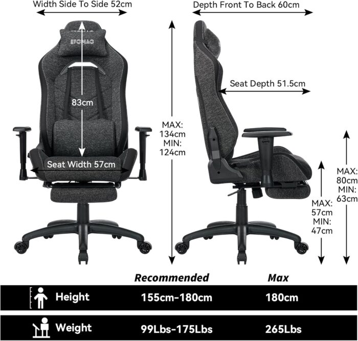 Efomao Ergonomic Gaming Chair with Footrest, Dark Grey Technical Fabric Computer Chair, Adjustable Height Office Seat with Headrest, Lumbar Support, 360° Swivel Video Gaming - Image 3