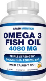 Arazo Nutrition Omega 3 Fish Oil 4,080mg - High EPA 1200mg + DHA 900mg Triple Strength Burpless Capsules (120 Count)