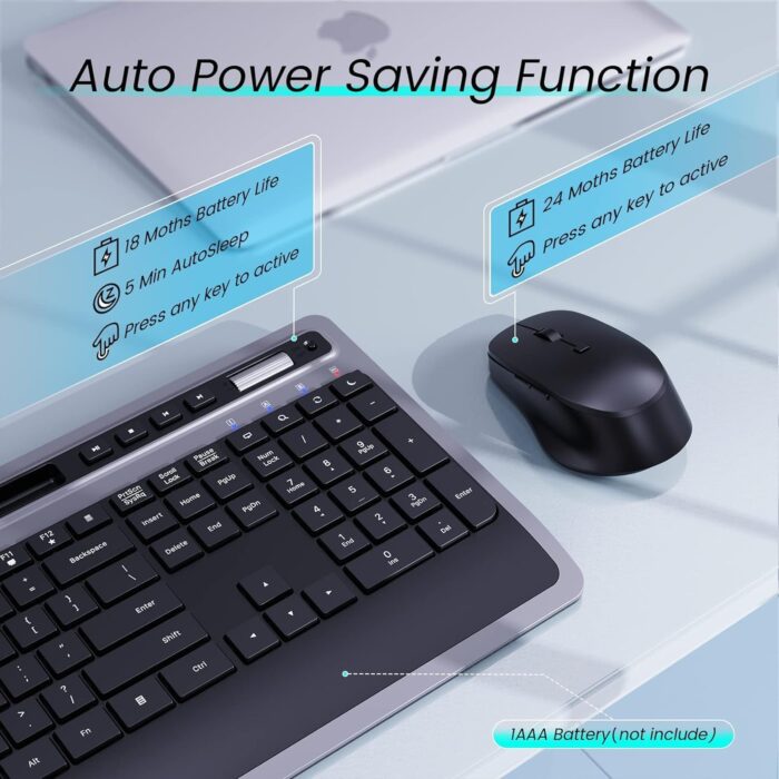 Wireless Keyboard and Mouse Combo, 2.4G Ergonomic Computer Keyboard and Mouse Set, Full Size Cordless USB Keyboard and Mouse Phone Holder for Mac, Laptop and Computer (No Bluetooth Connection)(Black) - Image 7