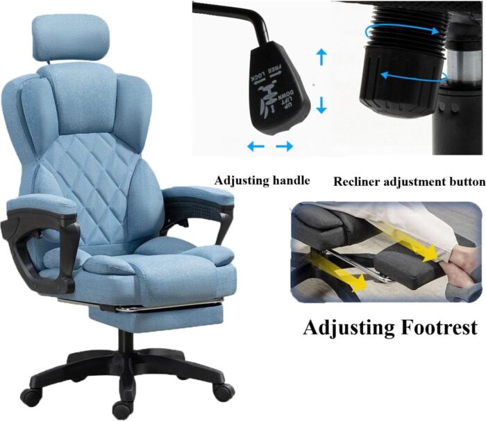 Forubar Office Chair Ergonomic Desk Chair with Footrest & Armrest, High Back Executive Office Chair, Home Computer Reclining Chair for Work, Max 200kg (Linen-With Footrest, Blue) - Image 4