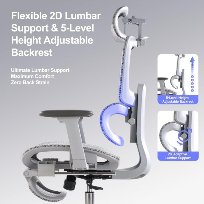 LarkLeaves Ergonomic Chair with Footrest, Office Chair with 3D Headrest, Desk Chair with Adjustable Backrest & 3D Armrest, Gaming Chair with Adaptive Lumbar Support, Mesh Backrest & Cushion, Grey - Image 6