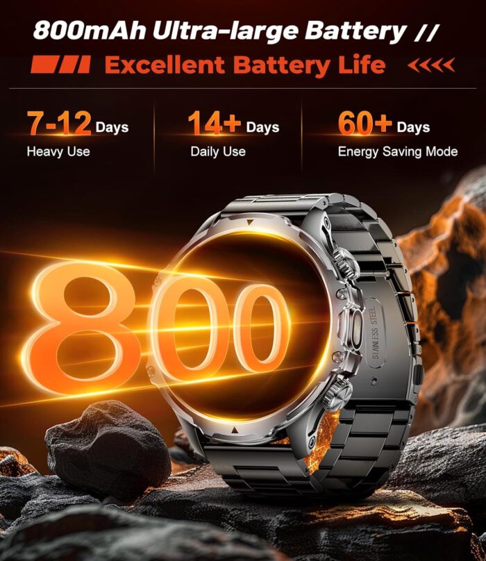 HIRREO Military Smart Watch for Men, 1.85'' HD Large Screen Smartwatch, Flashlight/IP68 Waterproof/800mAh/Pedometer/100+ Sports Fitness Tracker, Mens Smart Watches for Android iPhone Compatible - Image 2