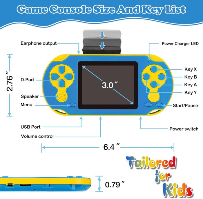 16 Bit Handheld Game for Kids, Video Game Player with Built in 230 HD Games, 3.0'' Screen Retro Electronic Machine with 3 Cartridges, Portable Rechargeable Games for Ages 3-12(Blue) - Image 4