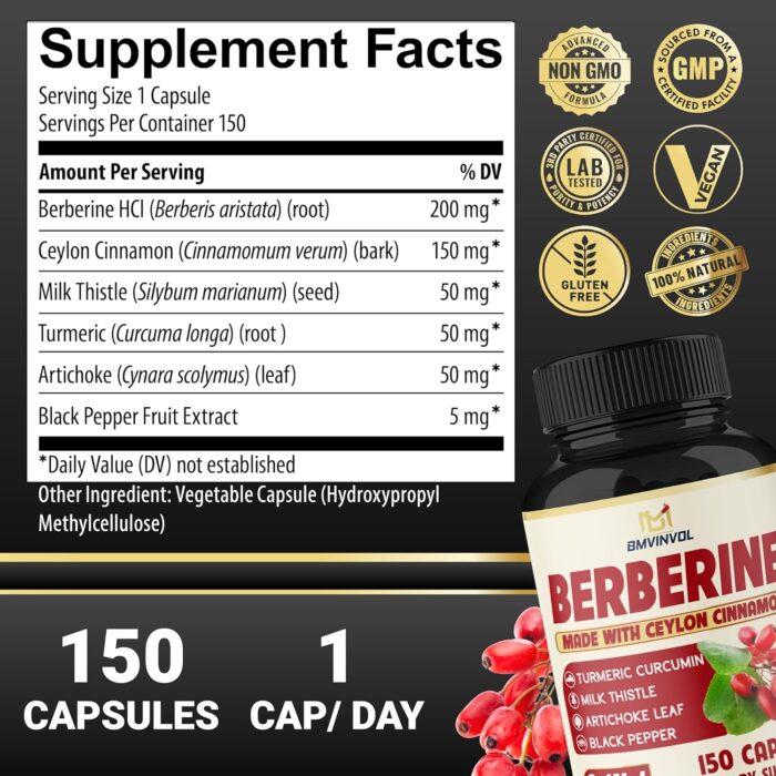 Berberine Supplement Equivalent to 4700mg - 5 Months Supply - High Potency with Ceylon Cinnamon - Supports Immune System, Cardiovascular & Gastrointestinal Function - Berberine HCl Supplement Pills - Image 2
