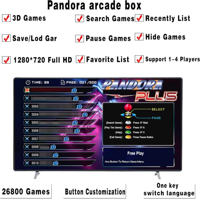 Hugawelo 26800 in 1 Pandora Box Arcade Console, Plug and Play Video Games, 1280X720 Display, 3D Games, Search/Save/Hide/Pause, 1-4 Players - Image 4