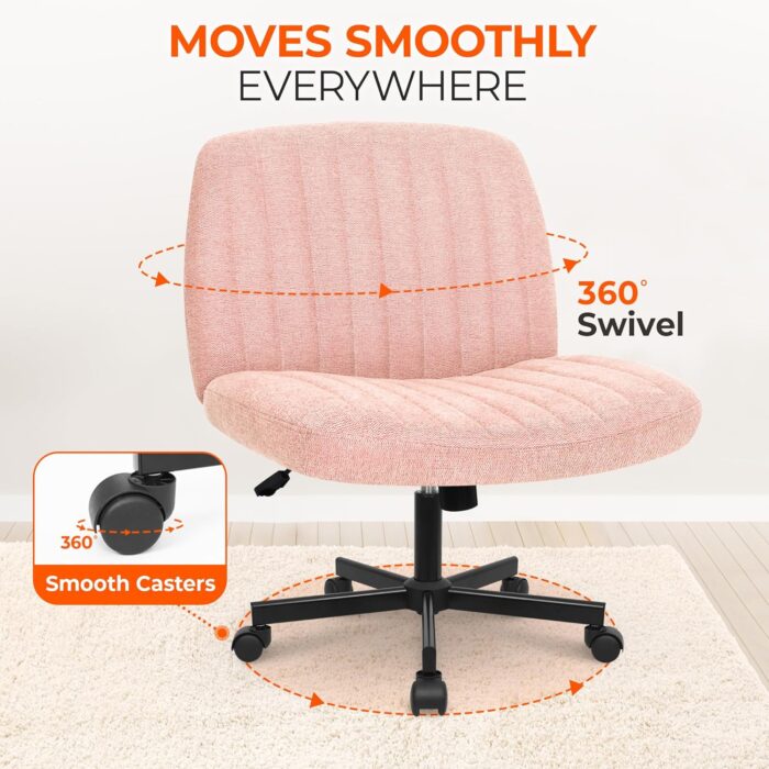 Orange Factory Criss Cross Legged Armless Desk Reading Chair with Wheels Swivel Modern Ergonomic Vanity Bedroom Adjustable Wide Comfy Computer Gaming Chairs for Home Office (Pink) - Image 5