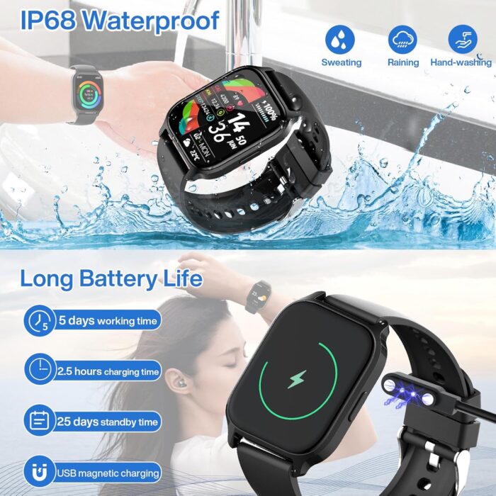 Smart Watch for Women Men, 1.85'' HD Touch Screen Fitness Tracker with Bluetooth Answer/Make Call, IP68 Waterproof with Heart Rate Sleep Monitor 100 Sports Modes for Android iOS (Black-1) - Image 6