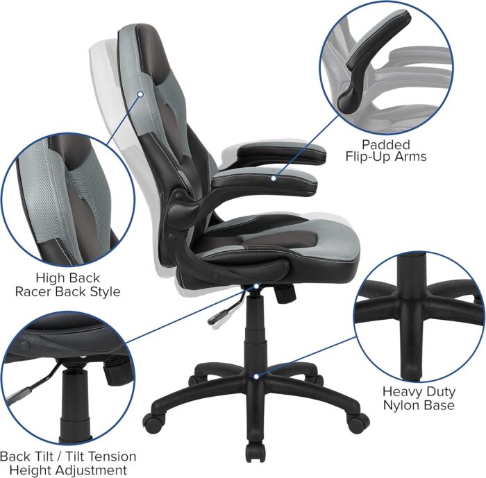 Flash Furniture X10 High-Back LeatherSoft Racing Style Gaming Chair with Flip-Up Arms, Ergonomic Padded Swivel Computer Chair, Gray/Black - Image 4