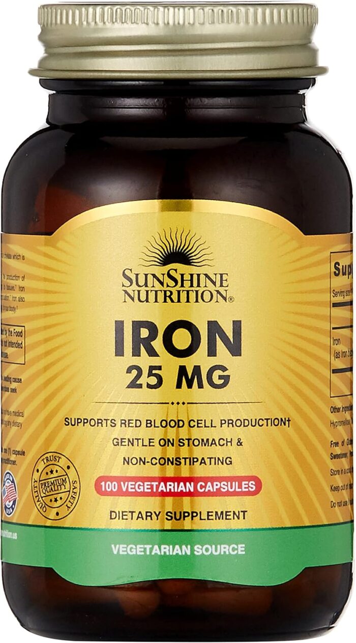 Sunshine Nutrition Iron 25 Mg, 100 Capsules | Supports Red Blood Cell Production | Gentle On Stomach & Non-Constipating
