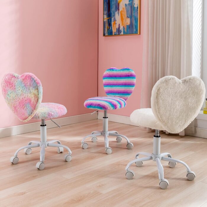DM Furniture Small Kids Chair, Cute Heart Girls Desk Chair, Rolling Study Chair Furry Pink Computer Chair, Faux Fur Swivel Vanity Chair for Children Bedroom/Study, Colorful - Image 7
