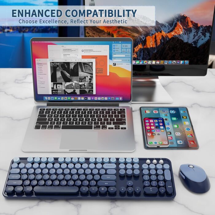Nowlike Wireless Keyboard and Mouse Set, Full-Size Typewriter Keyboard with Retro Round Keycaps, Ergonomic Design, Compatible with Windows PCs, Ideal for Home and Office. (Blue) - Image 7