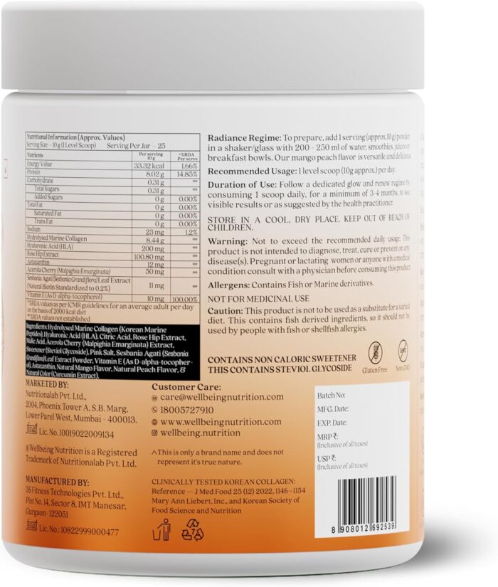 WELLBEING NUTRITION Beauty Korean Marine Collagen Peptides with Hyaluronic Acid, Rosehip, Astaxanthin, Biotin & Vitamins C & E for Hair, Nails, Skin Radiance & Anti-Aging | Mango Peach Flavor - 250g - Image 8