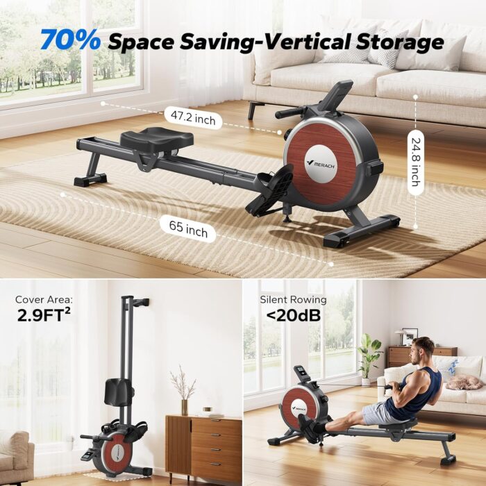 Merach Rowing Machines for Home Use,Quiet Magnetic Rower Machine 16 Levels of Resistance,Dual Slide Rail with Max 160kg Weight Capacity, App Compatible with LCD Monitor - Image 6