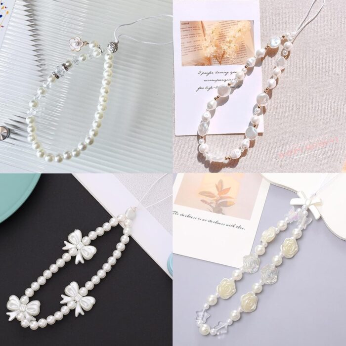 DKDDSSS 4 pcs Phone Charm, Beaded Phone Bracelet Strap, White Pearl Bow Cell Phone Charms, Cute Phone Charm - Image 5