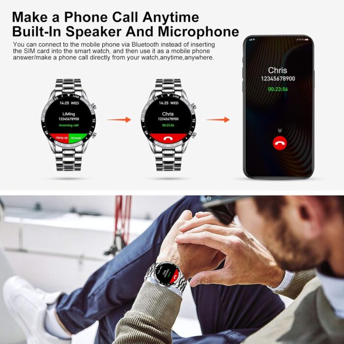 LIGE Mens Smart Watch Make/Answer Call,1.28'' Full Touch Screen Fitness Tracker with Heart Rate Sleep Monitor,IP67 Waterproof Sports Stainless Steel Smartwatch with Speaker for iOS Android, Bluetooth - Image 2