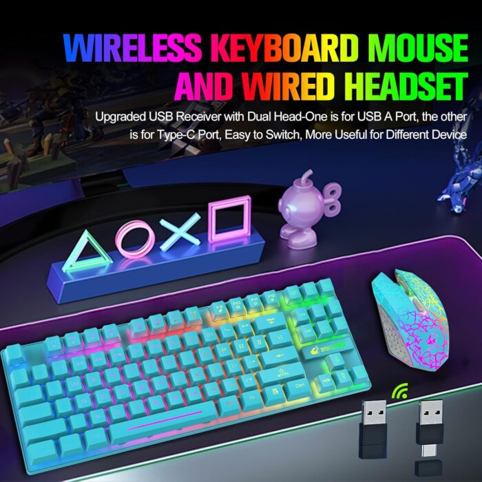 Wireless Gaming Keyboard and Mouse Combo with 87 Key Rainbow LED Backlight Rechargeable 3800mAh Battery Mechanical Feel Anti-ghosting Ergonomic Waterproof RGB Mute Mice for Computer PC Gamer (Blue) - Image 2