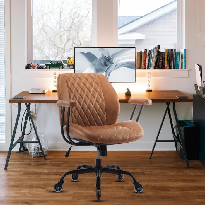 YFO Home Office Desk Chair Office Rubber Chair Casters Ergonomic Computer Chair with Lumbar Support Adjustable Height Rolling Swivel Chair Executive Task Armrests Chair， Brown Leather - Image 6