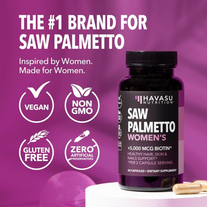 HAVASU NUTRITION Saw Palmetto + Biotin Supplement | DHT Blocker Hair Health Vitamins Capsule| Women with PCOS or Post-Partum Hair Loss | 60 Vegan Biotin Vitamins to Help Support Hair Health - Image 8