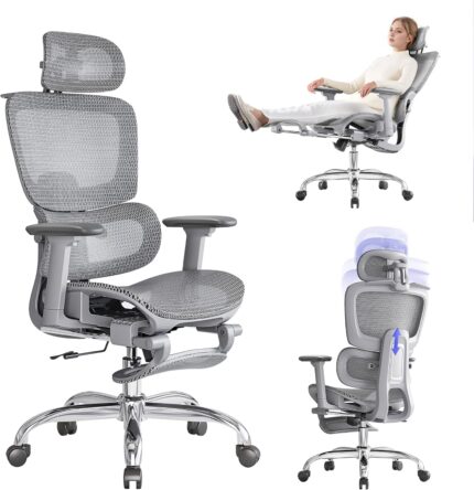 LarkLeaves Ergonomic Chair with Footrest, Office Chair with 3D Headrest, Desk Chair with Adjustable Backrest & 3D Armrest, Gaming Chair with Adaptive Lumbar Support, Mesh Backrest & Cushion, Grey
