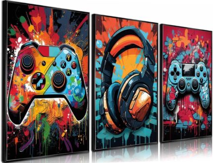 TERRIFI Gaming Wall Art, Retro Video Game Watercolor Posters, Cool Colorful Neon Gamepad Canvas Painting Prints for Boys Room, Kids Game Room, Bedroom Home Decoration, 12x16in, Unframed, 3Pcs