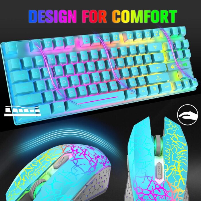 Wireless Gaming Keyboard and Mouse Combo with 87 Key Rainbow LED Backlight Rechargeable 3800mAh Battery Mechanical Feel Anti-ghosting Ergonomic Waterproof RGB Mute Mice for Computer PC Gamer (Blue) - Image 7