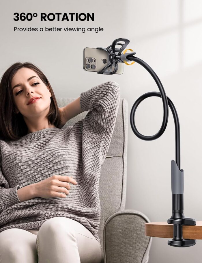 Lamicall Gooseneck Phone Holder for Bed - Cell Phone Mount Clamp Clip, Flexible Long Arm, Overhead Mount for Desk Headboard Bedside, for iPhone 16 Pro Max, 15 Pro Max, 14 Plus, 13 Mini & 4-7" Phone - Image 3