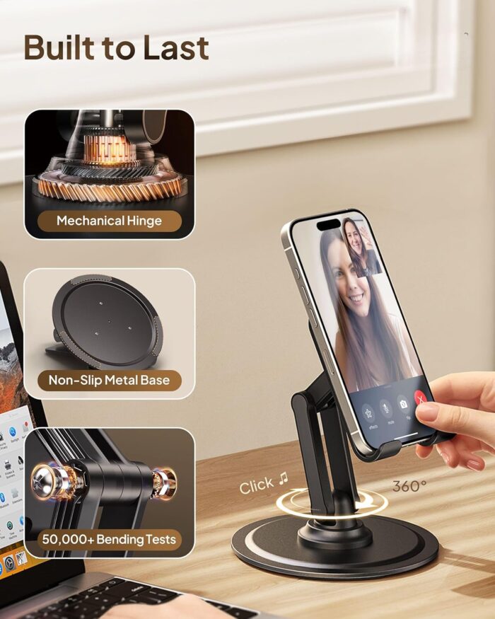 Cooper 360 Stand - Adjustable Cell Phone Stand for Desk | 360 Click-Rotating, Multi-Angle, Non-Slip Metal Base, Foldable & Portable | iPhone Stand for Desk, Cell Phone Stand Holder (Piano Black) - Image 4