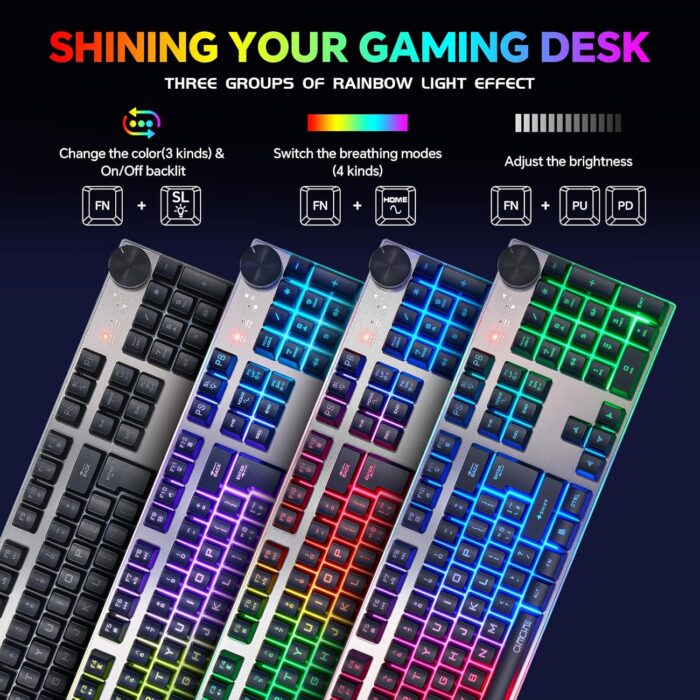 Wireless Gaming Keyboard with knob and Mouse Combo USB Dongle 2.4G Rechargeable 3000mAH Battery RGB Backlit Stainless Panel 4200DPI Side Button Mice for PC Laptop compatible with Windows 8/9/10 MacOS - Image 4