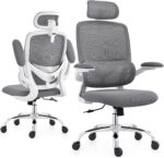 TONFARY Ergonomic Home Office Chair, High Back Mesh Desk Chair with Adjustable Lumbar Support, Flip-up Armrest, Removable Headrest, Swivel Computer Gaming Chair, Space Saving, 330LBS (White+Grey) - Image 9