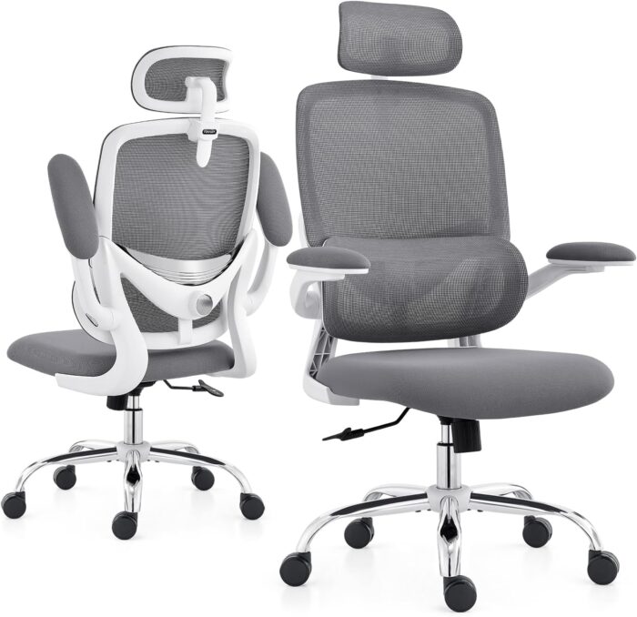 TONFARY Ergonomic Home Office Chair, High Back Mesh Desk Chair with Adjustable Lumbar Support, Flip-up Armrest, Removable Headrest, Swivel Computer Gaming Chair, Space Saving, 330LBS (White+Grey) - Image 9