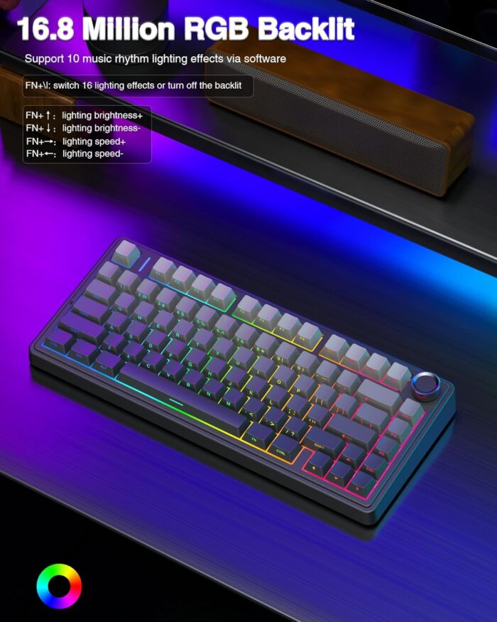 AULA F75 Gasket Mechanical Keyboard, 75% Wireless Hot Swappable Gaming Keyboard with Five-Layer Padding&Knob, Bluetooth/2.4GHz/USB-C, RGB Light. (Black) - Image 7