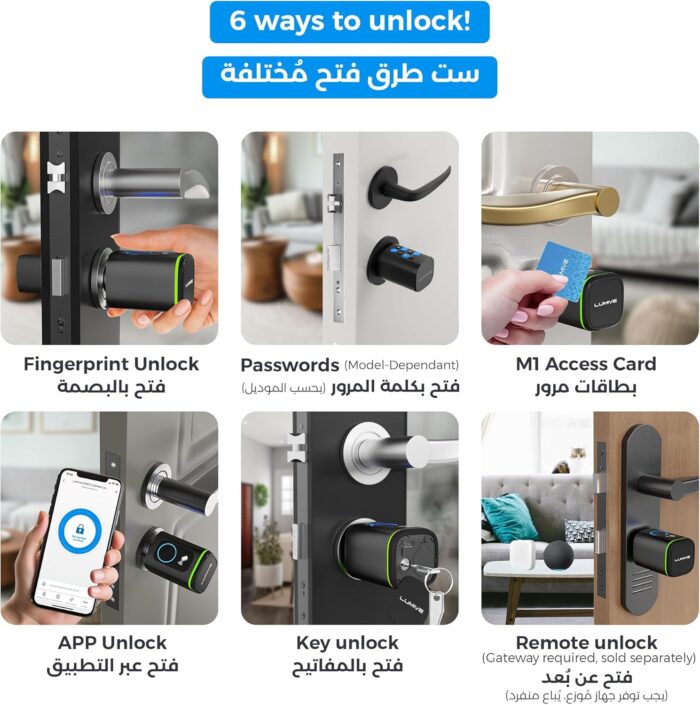 Lumive Smart Door Lock I Fingerprint Door Lock I Bluetooth App Unlock I 2 Keys 5 RFID Cards I Fixed Cylinder I Black [Battery Included] (Fingerprint + Keypad, Black, adjustable 60-90mm) - Image 3