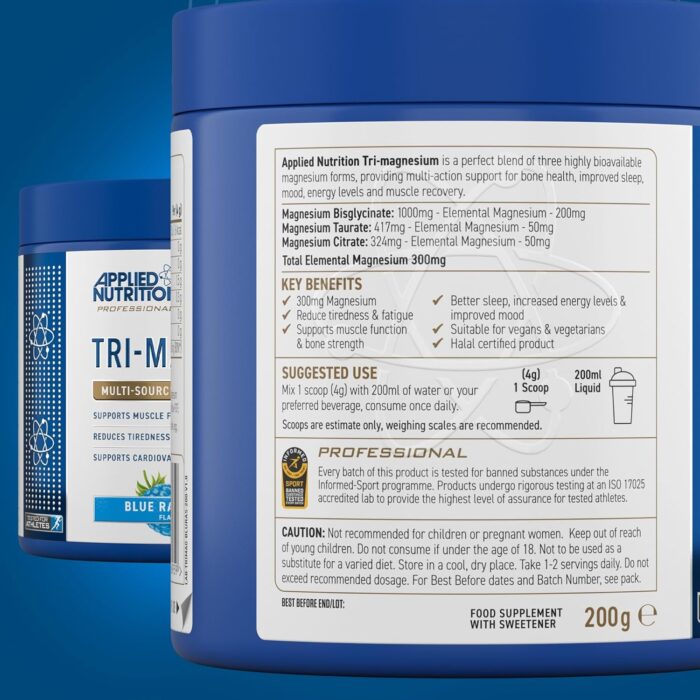 Applied Nutrition Tri-Magnesium Powder 3 in 1 - Magnesium Glycinate Supplements for Bone, Muscle, Nervous System Sleep Health - 300 mg per Serving (200g - 50 Servings) (Blue Raspberry) - Image 8