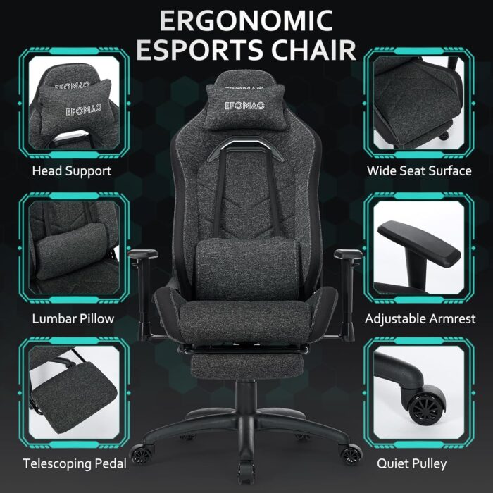 Efomao Ergonomic Gaming Chair with Footrest, Dark Grey Technical Fabric Computer Chair, Adjustable Height Office Seat with Headrest, Lumbar Support, 360° Swivel Video Gaming - Image 5