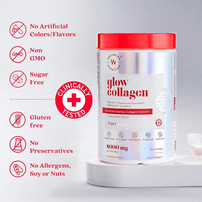 WELLBEING NUTRITION Glow Japanese Marine Collagen Peptides with Skin, Glutathione, Resveratrol, Bromelain & Goji Berry| Tropical Bliss Flavor - 250 g - Image 5