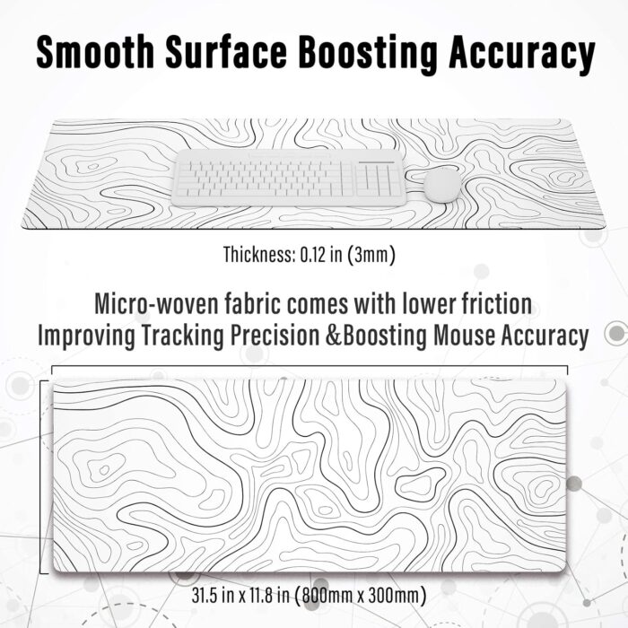 Ovenbird Large Gaming Mouse Pad with Stitched Edges, Minimalist Topographic Map Desk Mat, Extended XL Mousepad with Anti-Slip Base, Cool Desk Pad for Keyboard and Mouse, 31.5 x 11.8 in, White - Image 3
