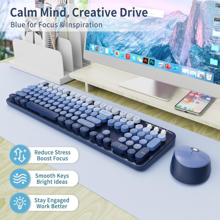Nowlike Wireless Keyboard and Mouse Set, Full-Size Typewriter Keyboard with Retro Round Keycaps, Ergonomic Design, Compatible with Windows PCs, Ideal for Home and Office. (Blue) - Image 2