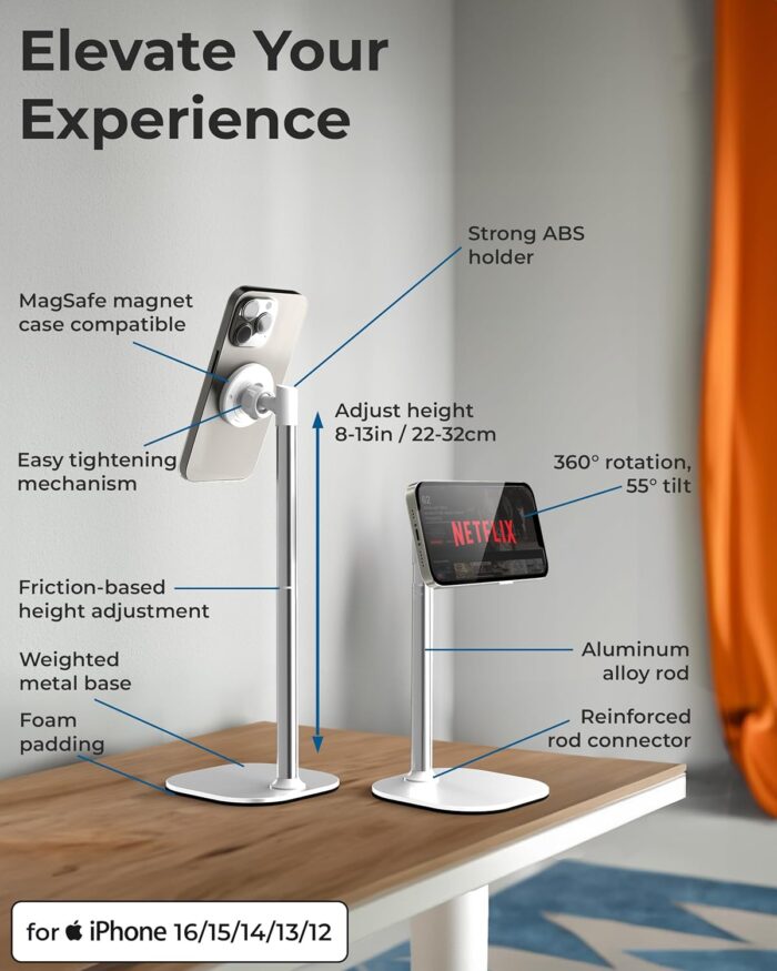 Cooper MagStand - Height Adjustable Stand for Desk, iPhone Holder for Desk, MagSafe Stand for iPhone 16 (Pro Max Plus)15/14/13/12 (Cream White) - Image 6