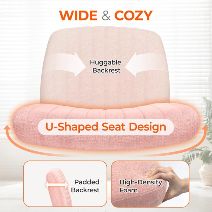 Orange Factory Criss Cross Legged Armless Desk Reading Chair with Wheels Swivel Modern Ergonomic Vanity Bedroom Adjustable Wide Comfy Computer Gaming Chairs for Home Office (Pink) - Image 4