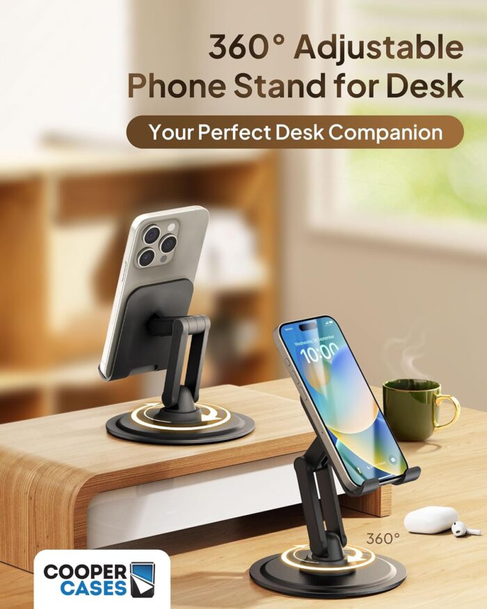 Cooper 360 Stand - Adjustable Cell Phone Stand for Desk | 360 Click-Rotating, Multi-Angle, Non-Slip Metal Base, Foldable & Portable | iPhone Stand for Desk, Cell Phone Stand Holder (Piano Black) - Image 2