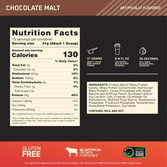 Optimum Nutrition (ON) Gold Standard 100% Whey Protein Powder Primary Source Isolate, 24 Grams of Protein for Muscle Support and Recovery - Chocolate Malt, 5 Lbs, 73 Servings (2.27 KG) - Image 3